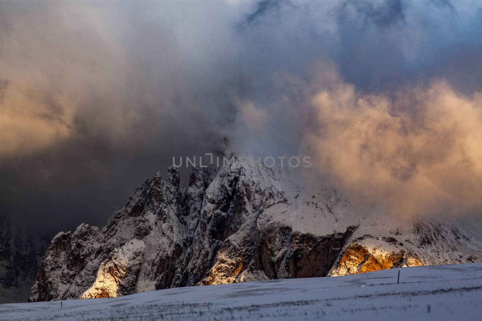 snowy early winter landscape in Alpe di Siusi.  Dolomites,  Ital by melis