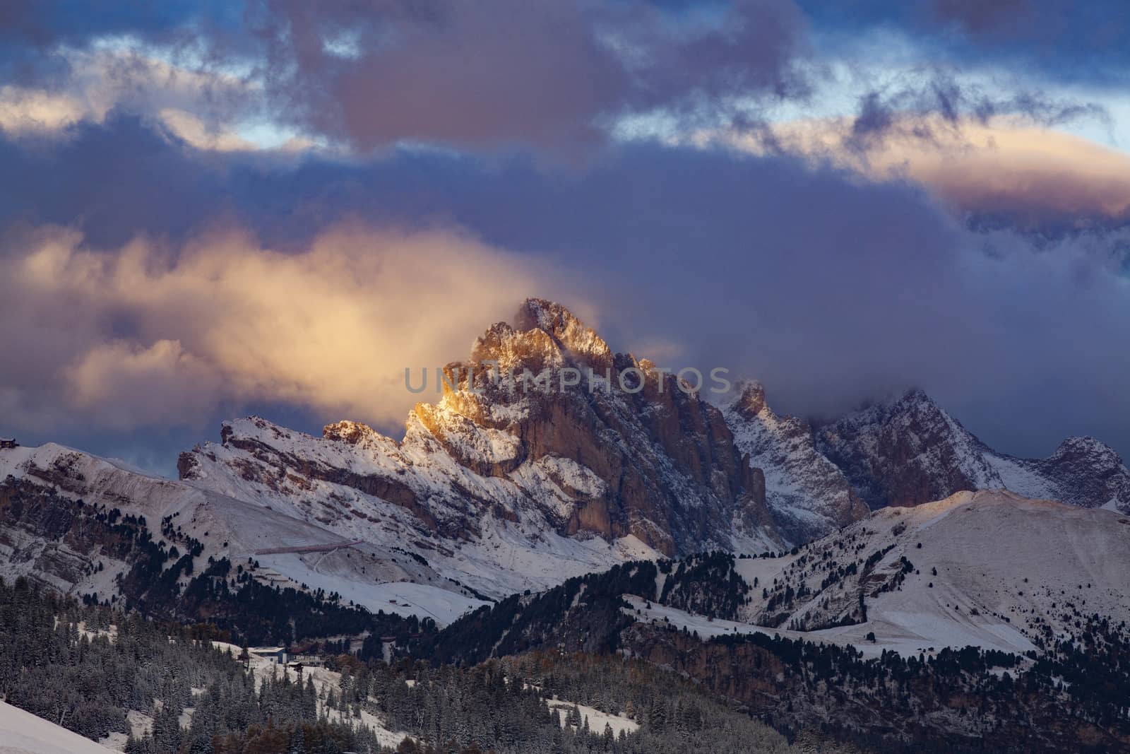 snowy early winter landscape in Alpe di Siusi.  Dolomites,  Italy - winter holidays destination