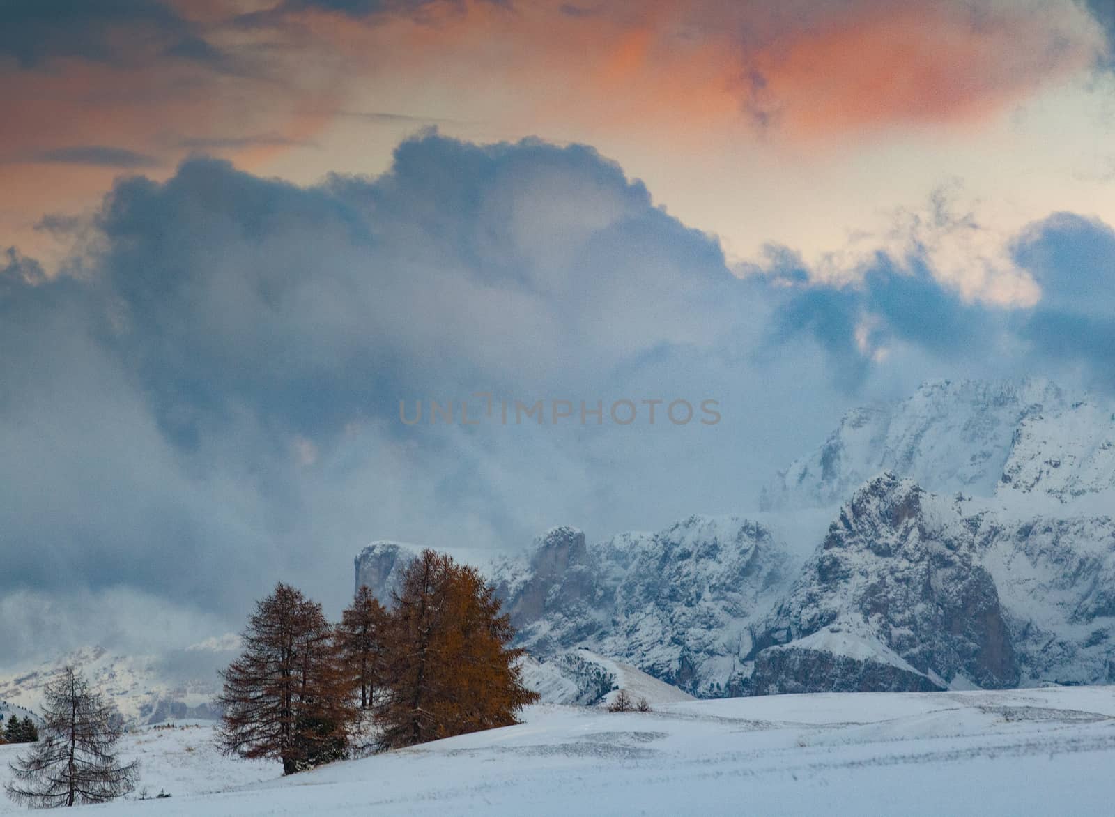 snowy early winter landscape in Alpe di Siusi.  Dolomites,  Ital by melis