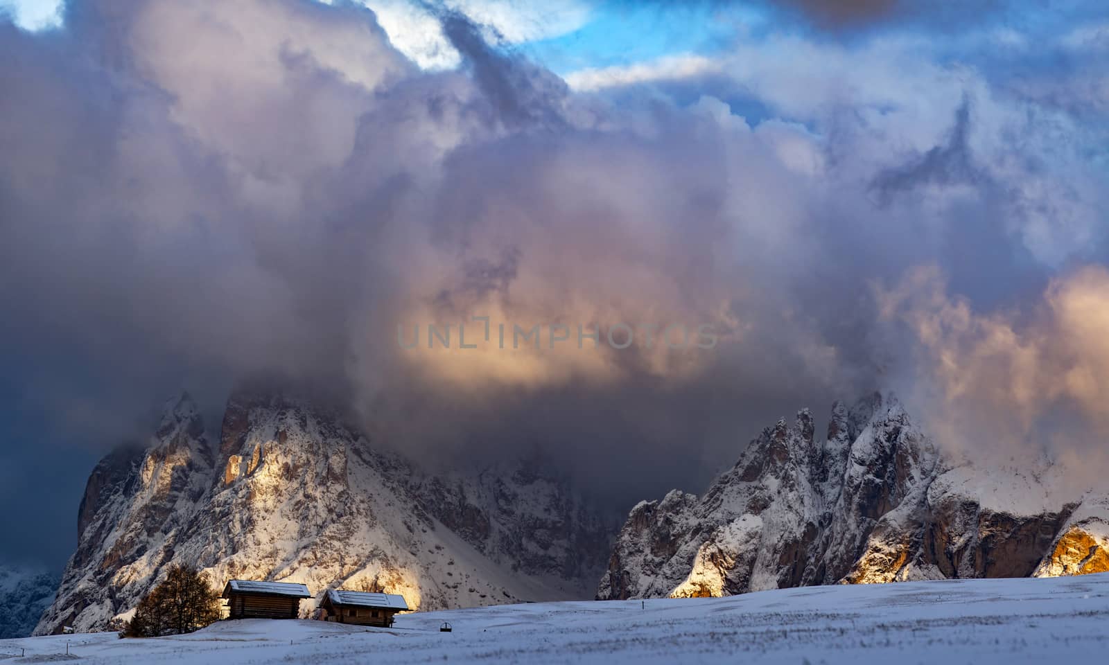 snowy early winter landscape in Alpe di Siusi.  Dolomites,  Ital by melis