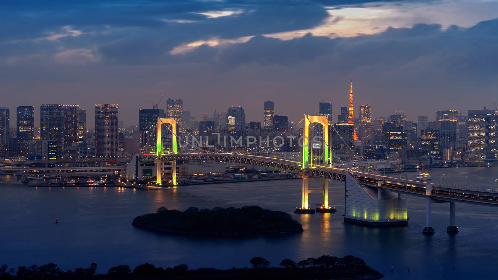 View of Tokyo cityscape and Rainbow bridge at night in Japan. by gutarphotoghaphy