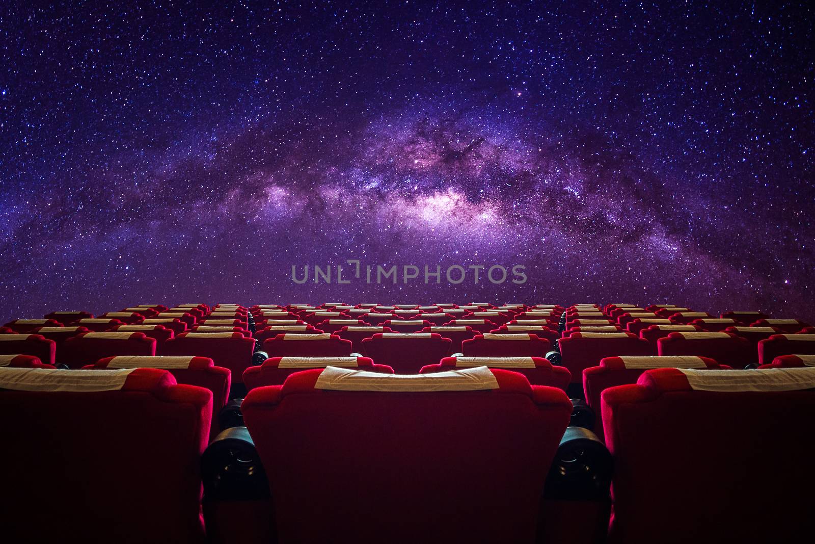 Cinema hall with red seat in Milky way galaxy. by gutarphotoghaphy