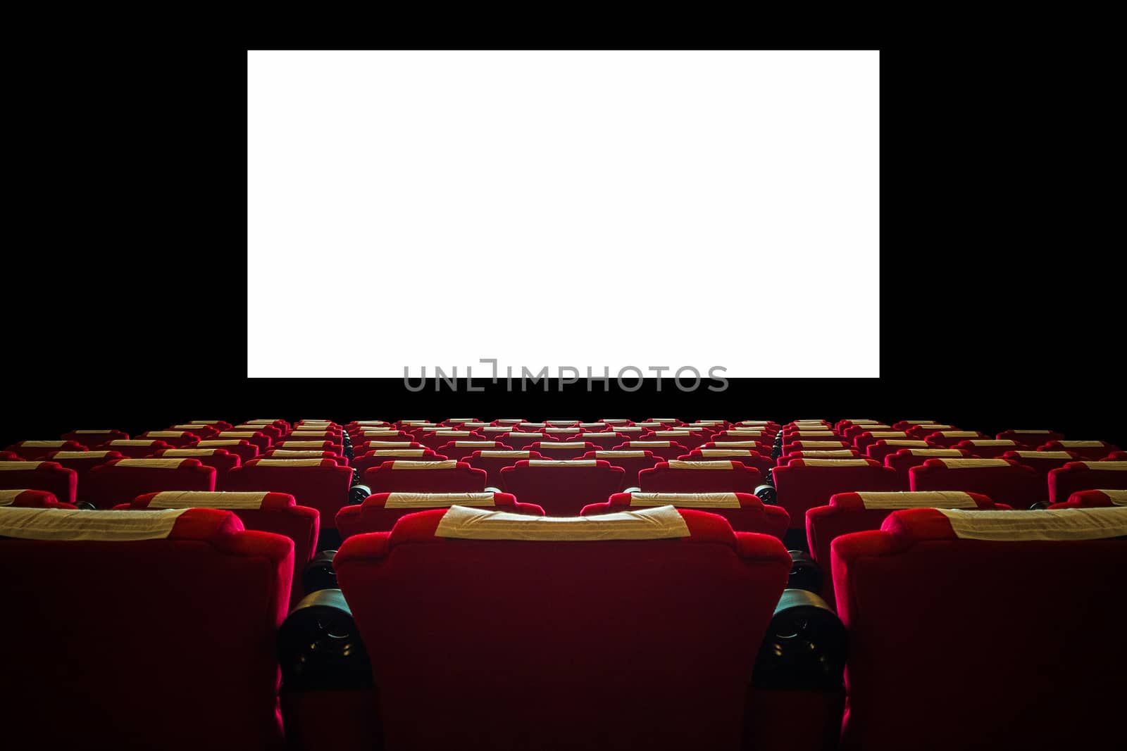 Cinema hall with red seat and wide white screen by gutarphotoghaphy