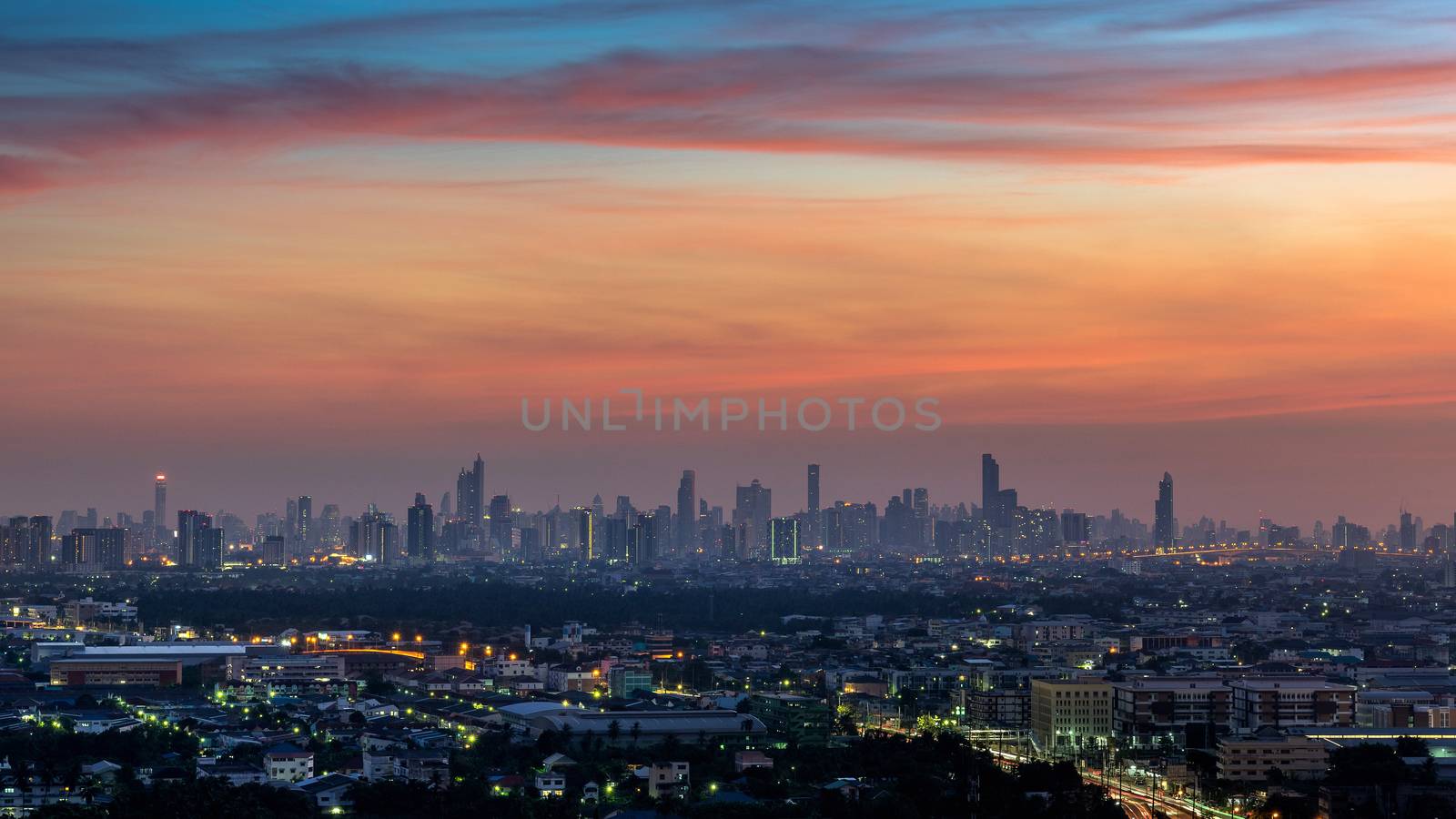 Cityscape at twilight in Bangkok, Thailand.