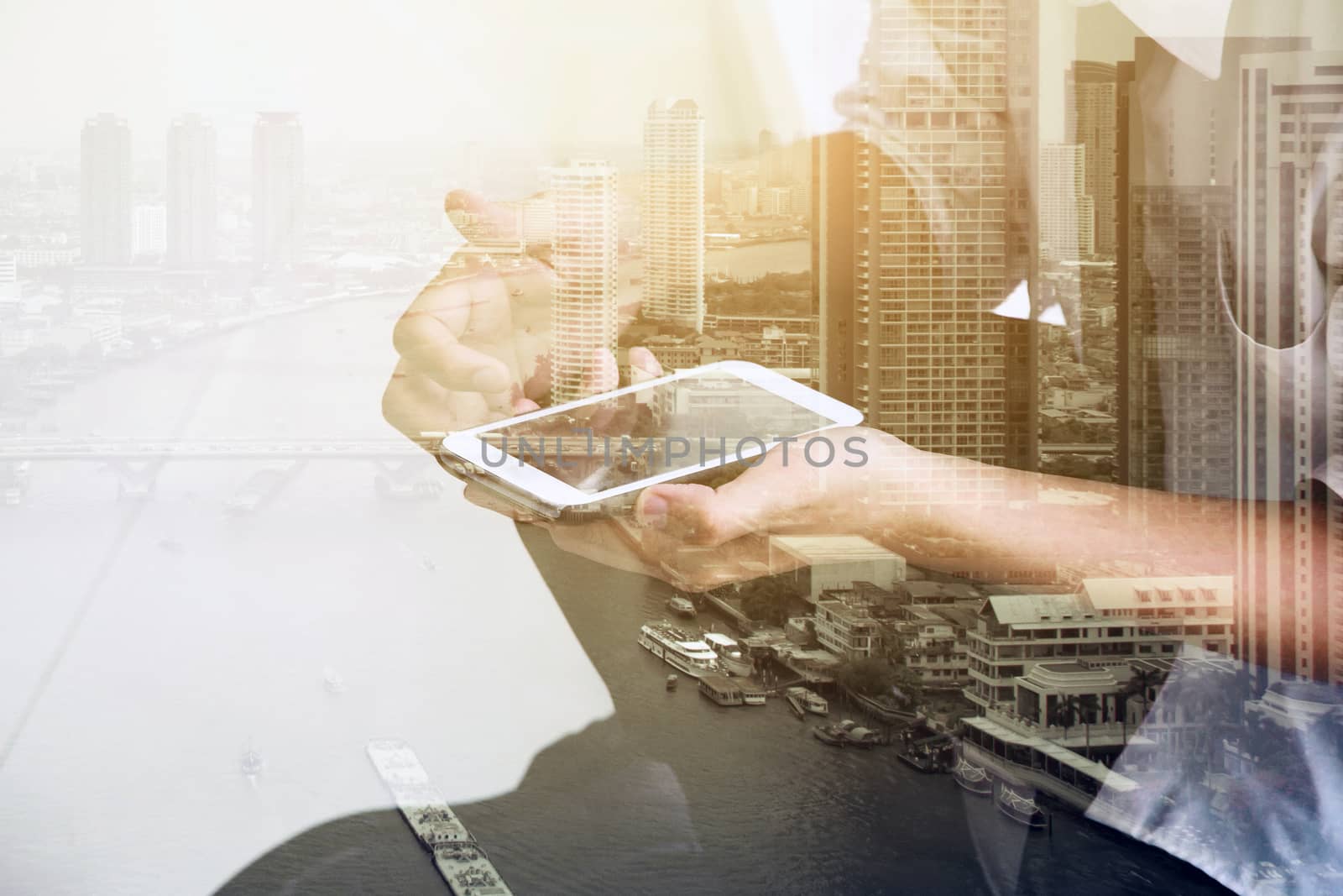 Double exposure of using smart phone