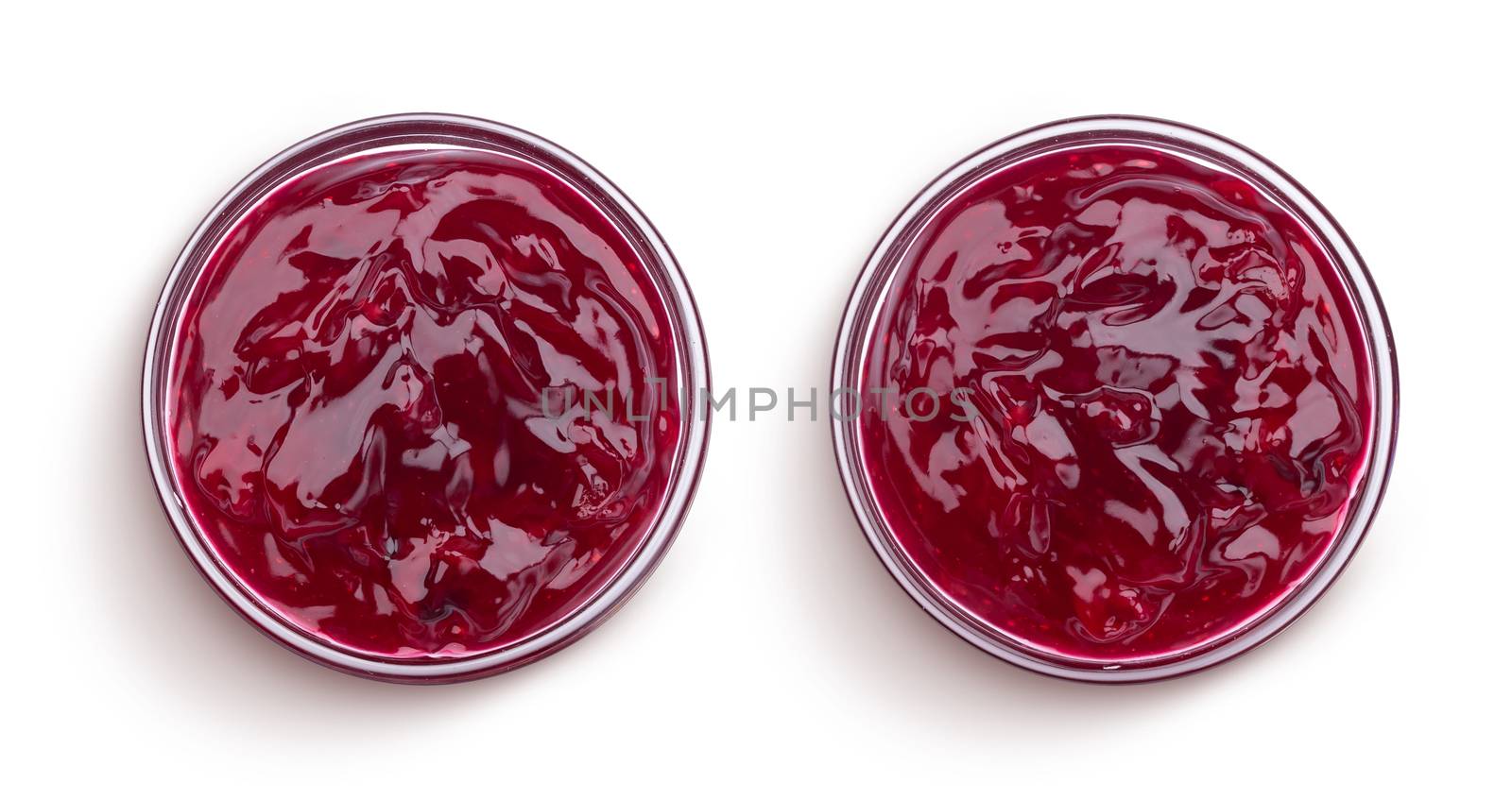 Bowl of red berry jam isolated on white background, top view by xamtiw