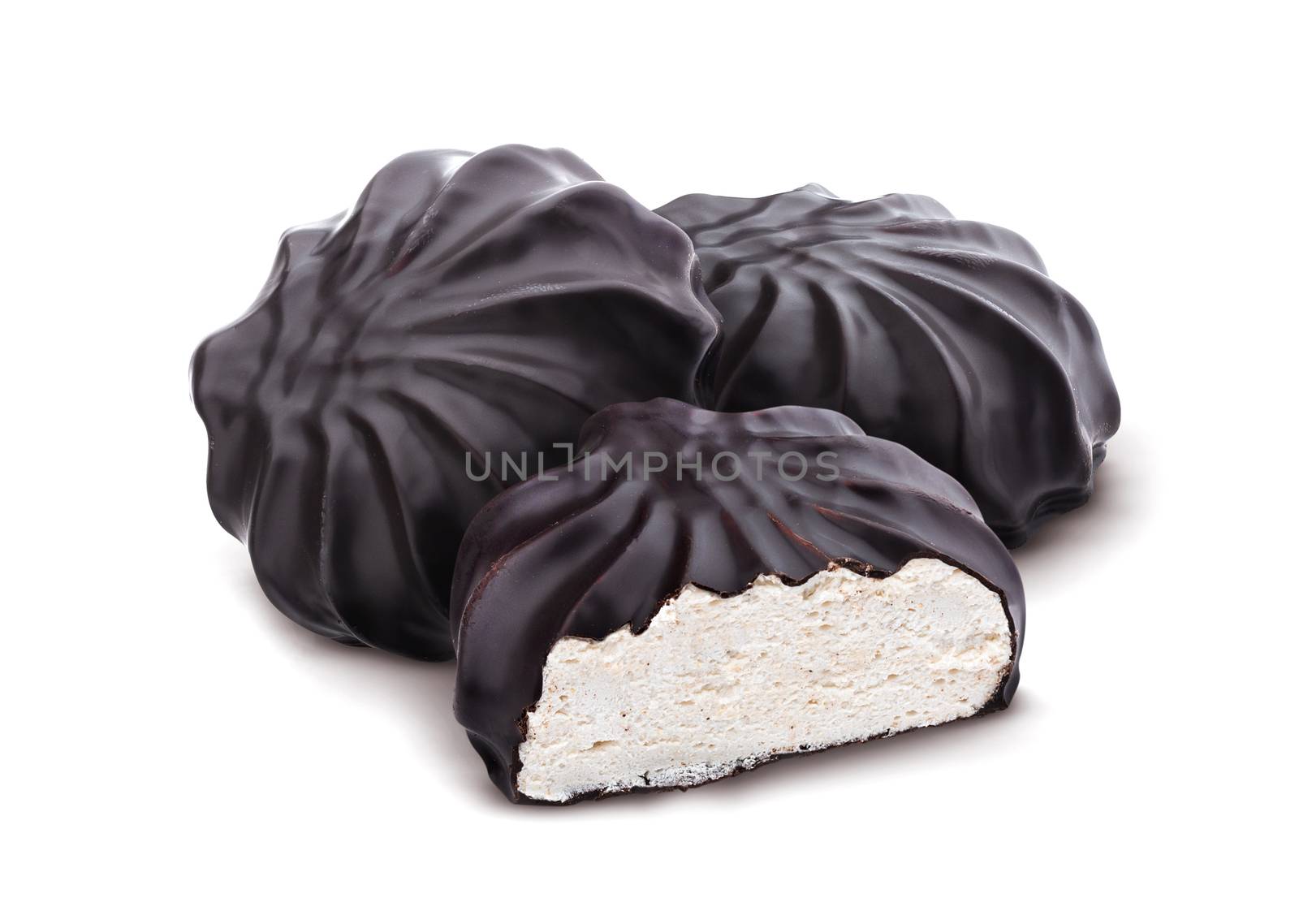 Chocolate covered marshmallows, traditional russian zephyr in chocolate isolated on white background by xamtiw