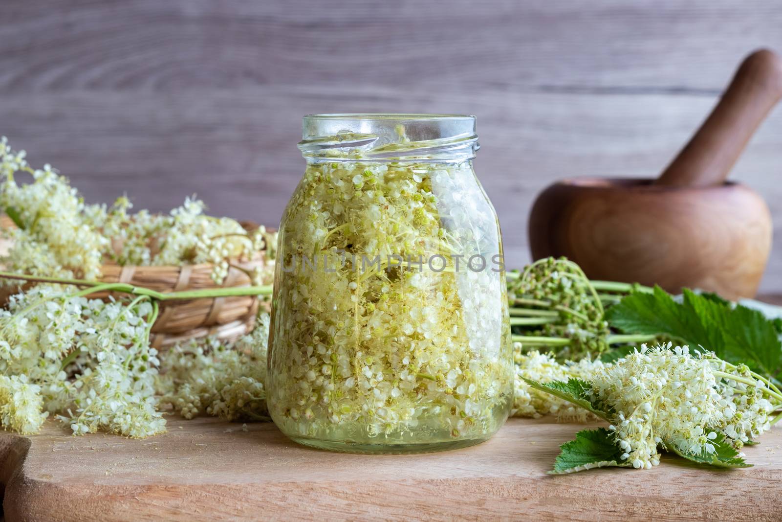 Preparation of homemade tincture from meadowsweet blossoms and alcohol