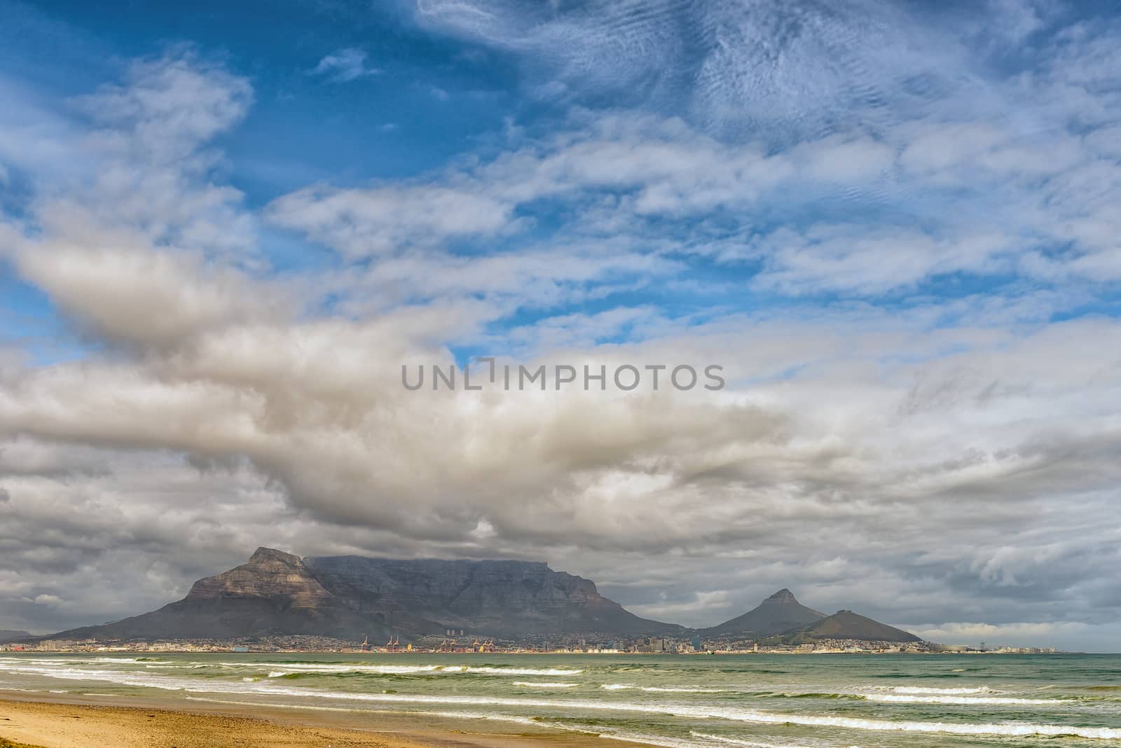The Cape Town Central Business District and Table Mountain as seen across Table Bay from Dolphin Beach