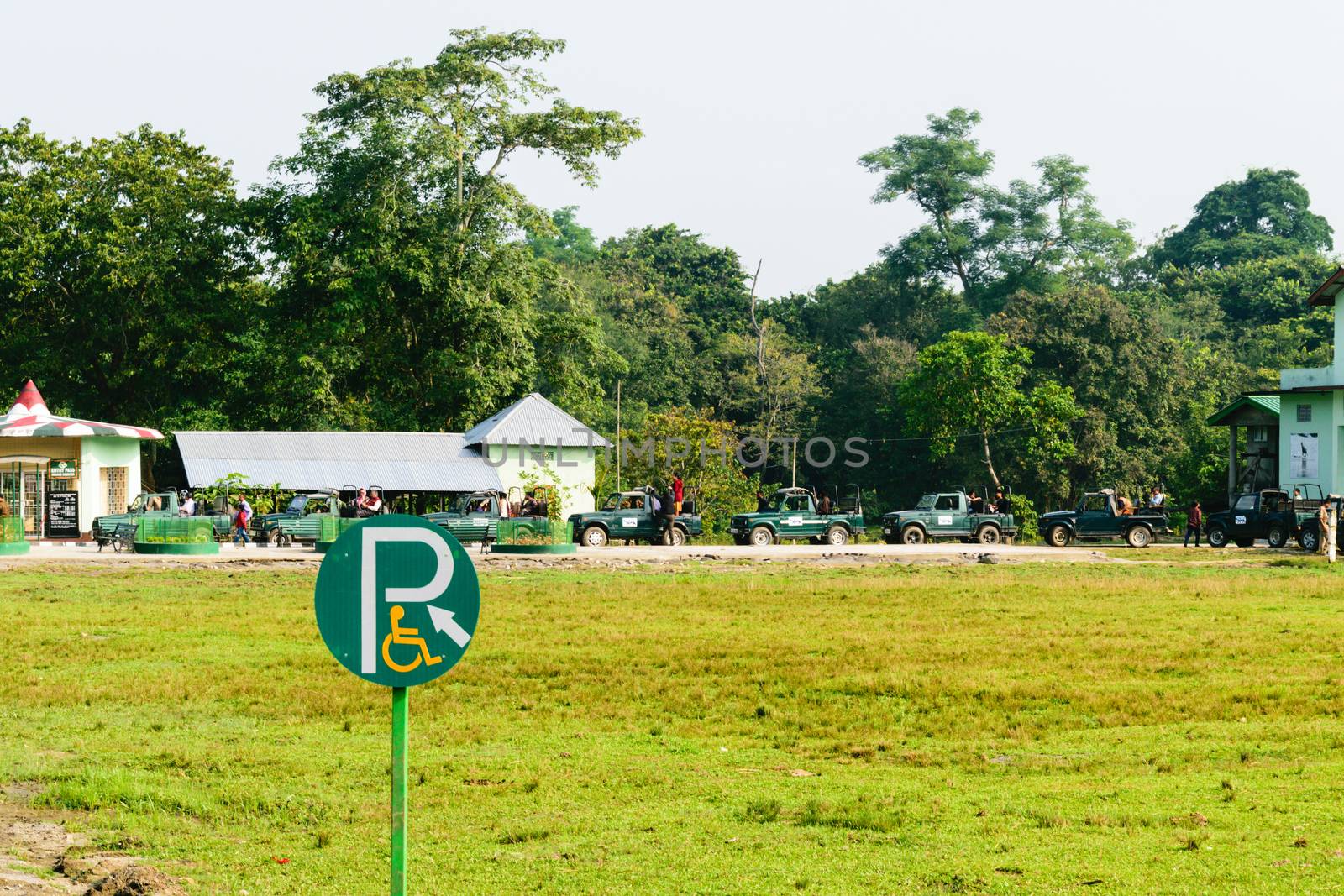 Kajiranga National Park, Assam, India, Asia, May 6, 2018: Tourist cars lined up outside Kaziranga National Park on a busy holiday vacation time.