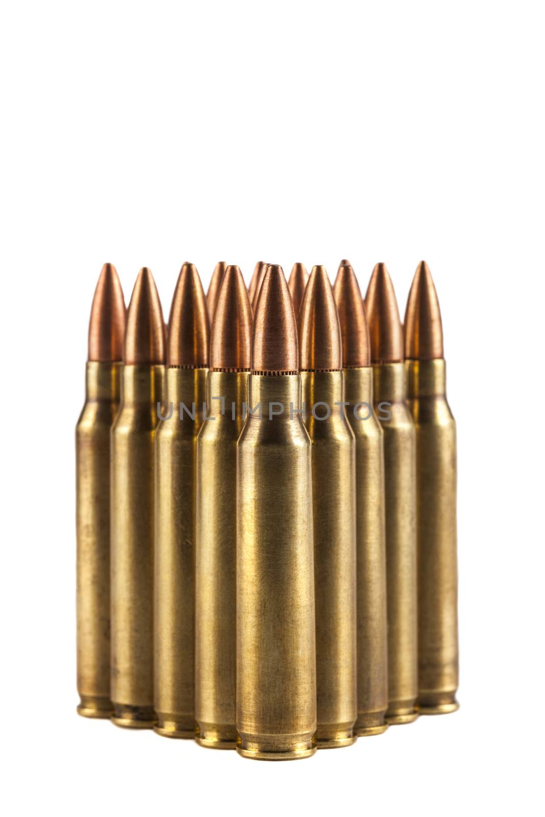 Rifle bullets close-up isolated on white background