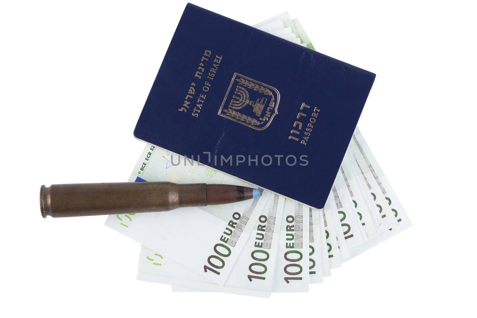 Israelian passport with 100 euro banknotes and a rifle bullet isolated on white background