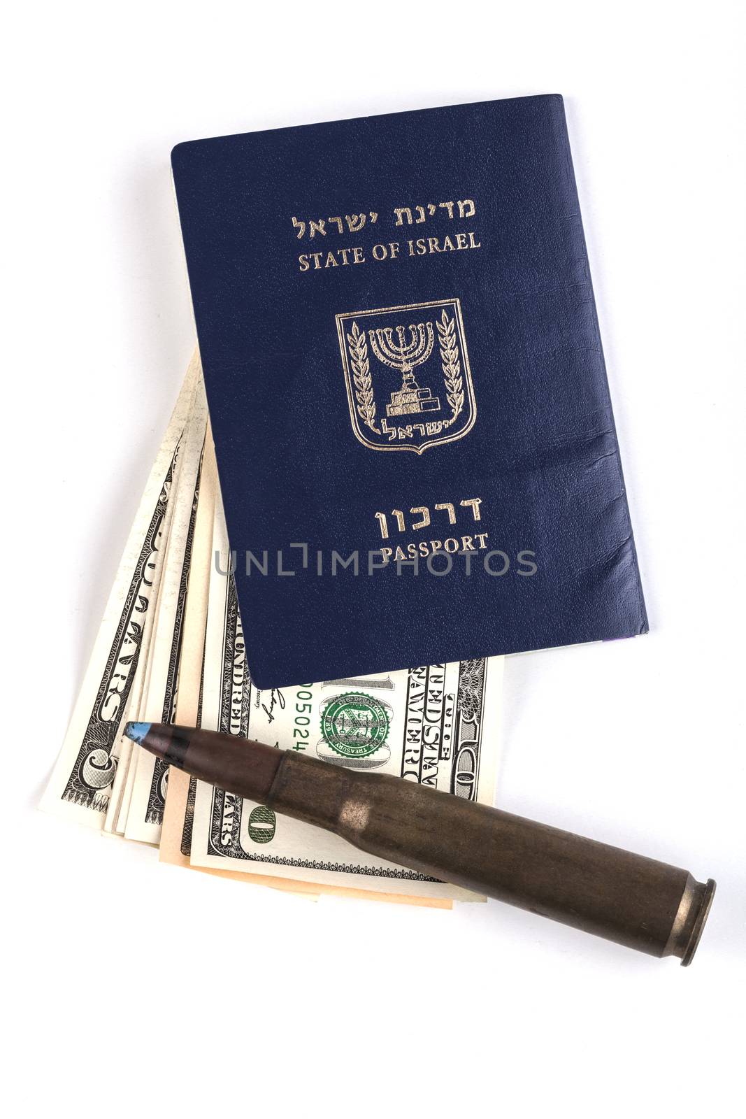Israeli passport with 100 euro banknotes isolated on white background