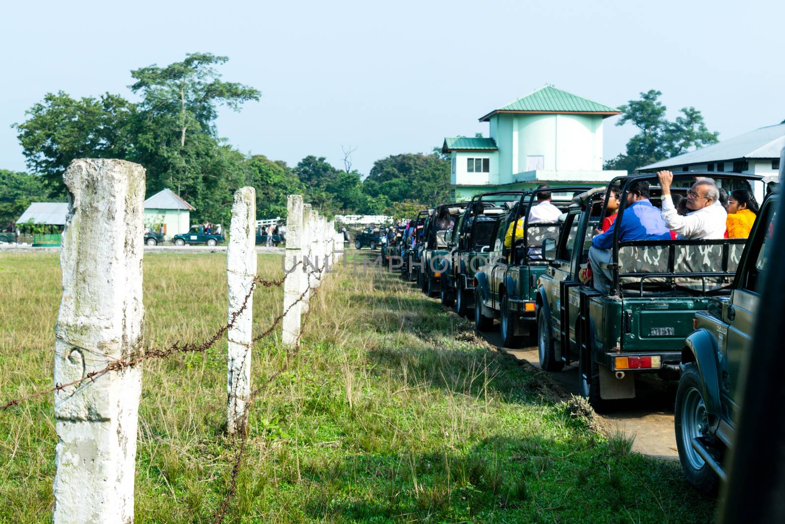 Kajiranga National Park, Assam, India, Asia, May 6, 2018: Tourist cars lined up outside Kaziranga National Park on a busy holiday vacation time.