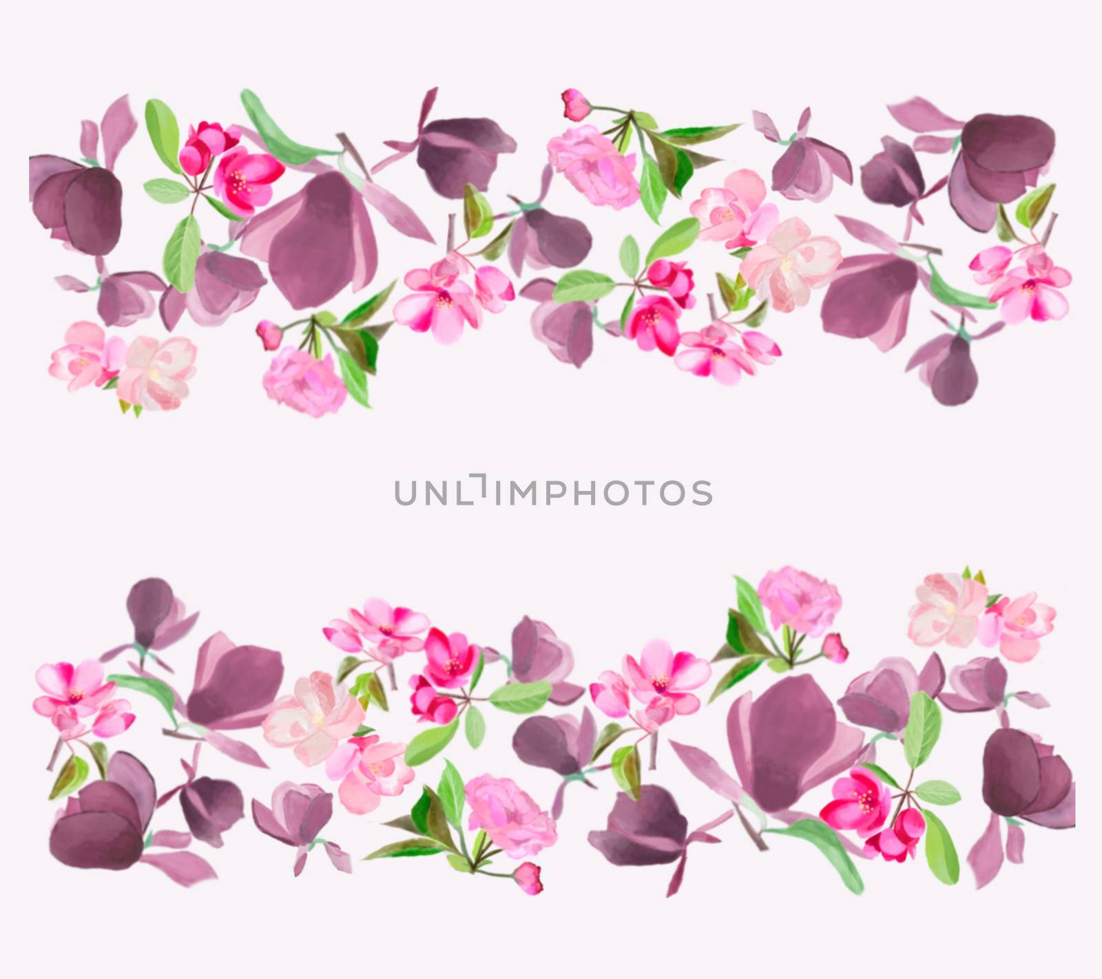 Beauty Background with Watercolor Spring Flower magnolia, pink cherry and apple tree blossom illustration