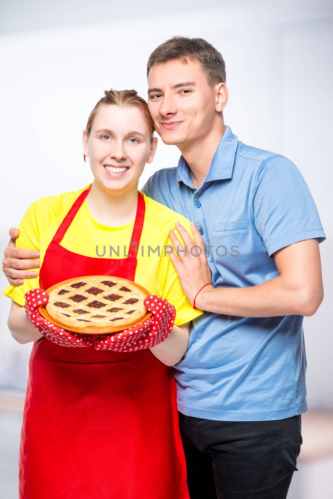 housewife in apron with a pie and her beloved husband, portrait by kosmsos111
