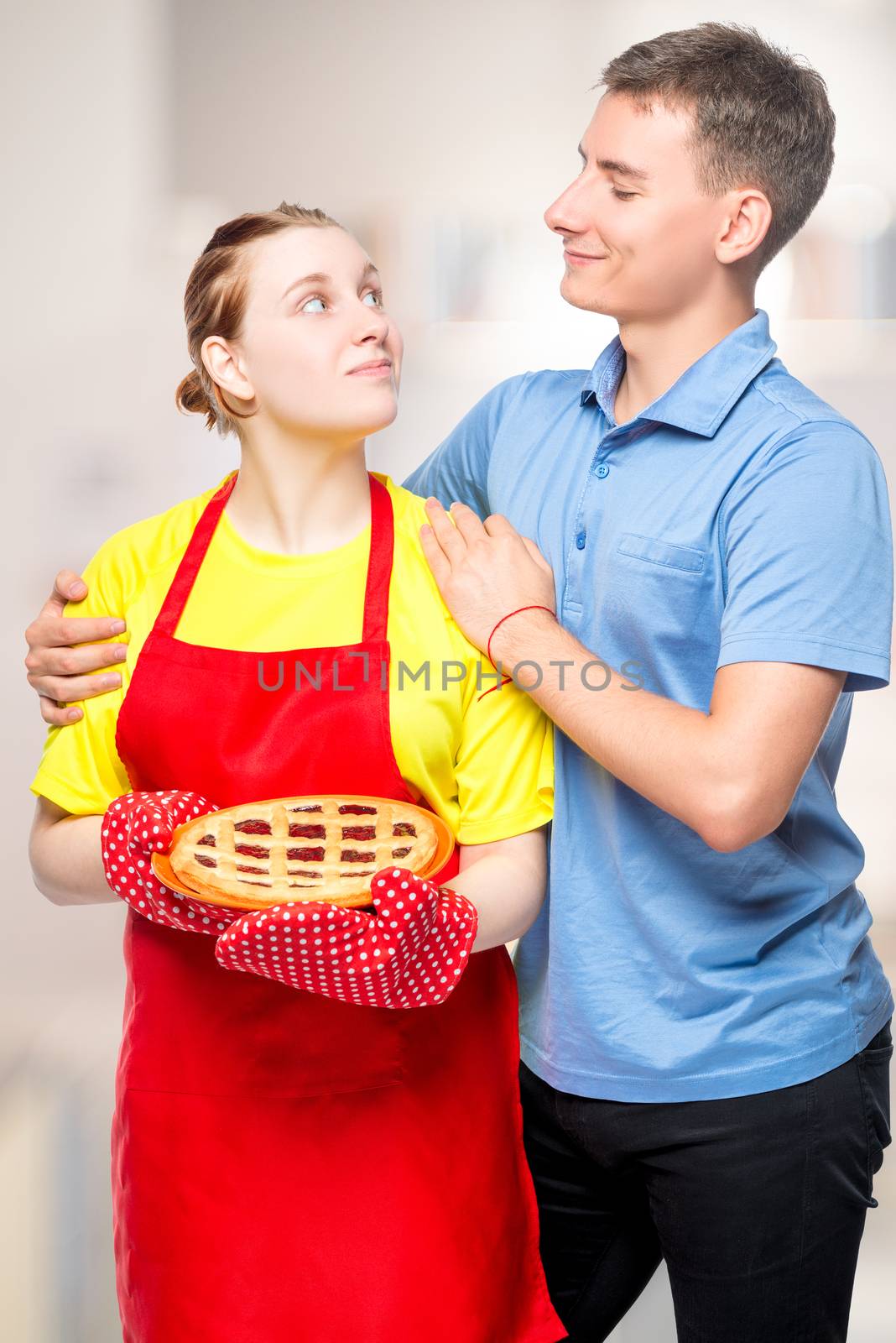 girl in an apron with a pie and her beloved husband, portrait in by kosmsos111