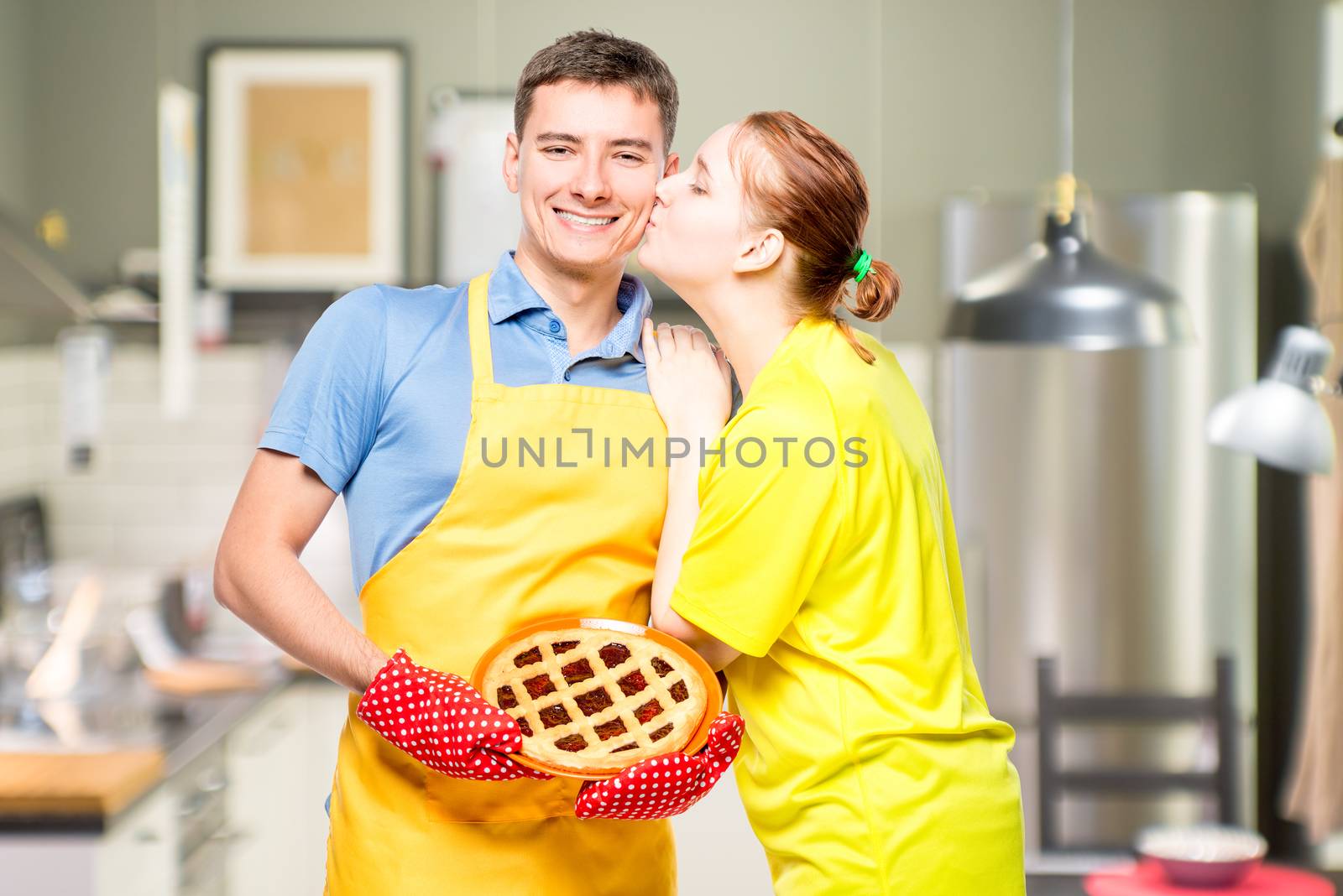 a man in an apron with a pie and her beloved wife, a portrait in by kosmsos111