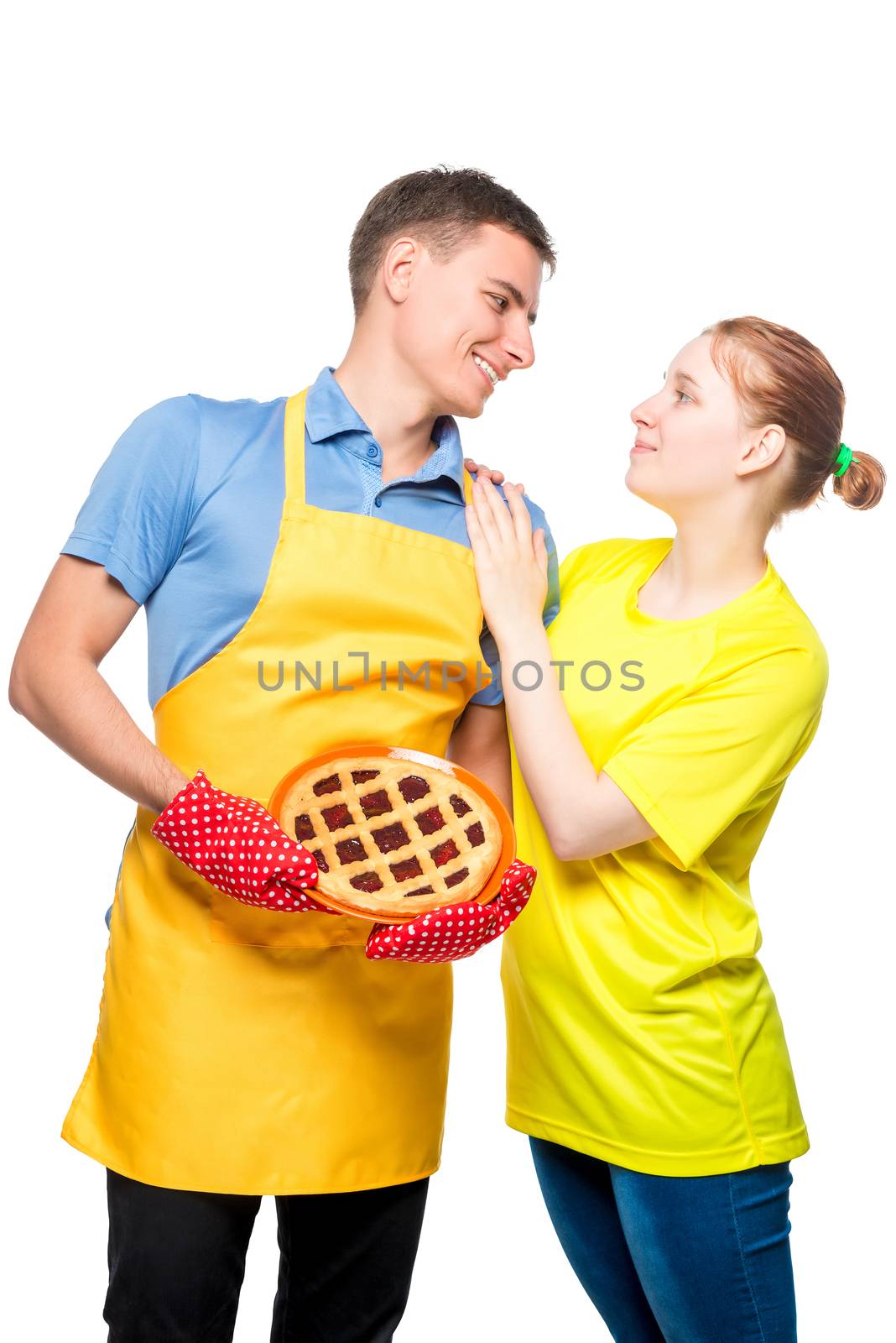 portrait of a man in an apron with a pie and her beloved wife on by kosmsos111