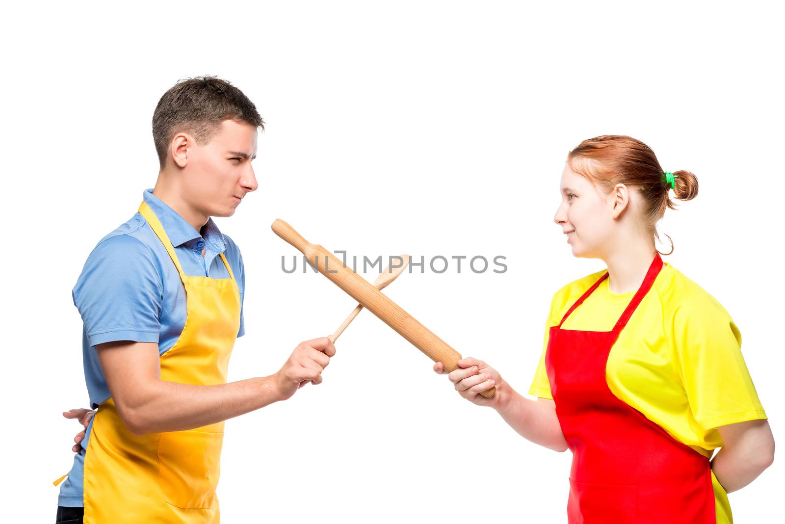 man and woman in an apron with kitchen utensils fighting on a wh by kosmsos111