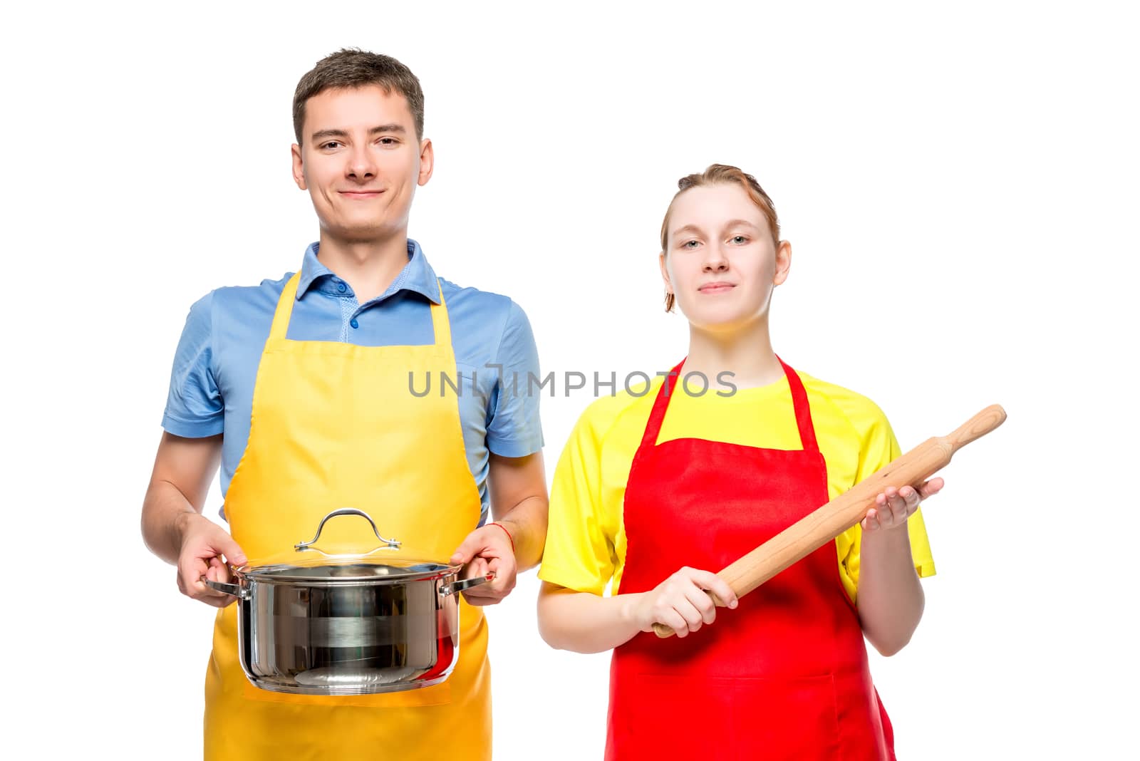 man with a pan and a woman with a rolling pin portrait on white by kosmsos111