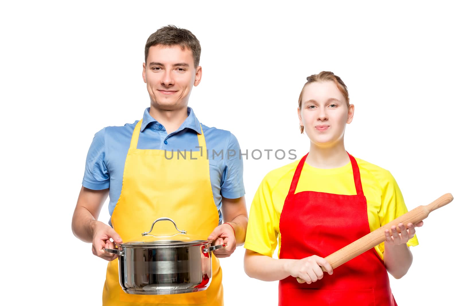 young man with a pan and a woman with a rolling pin on a white background