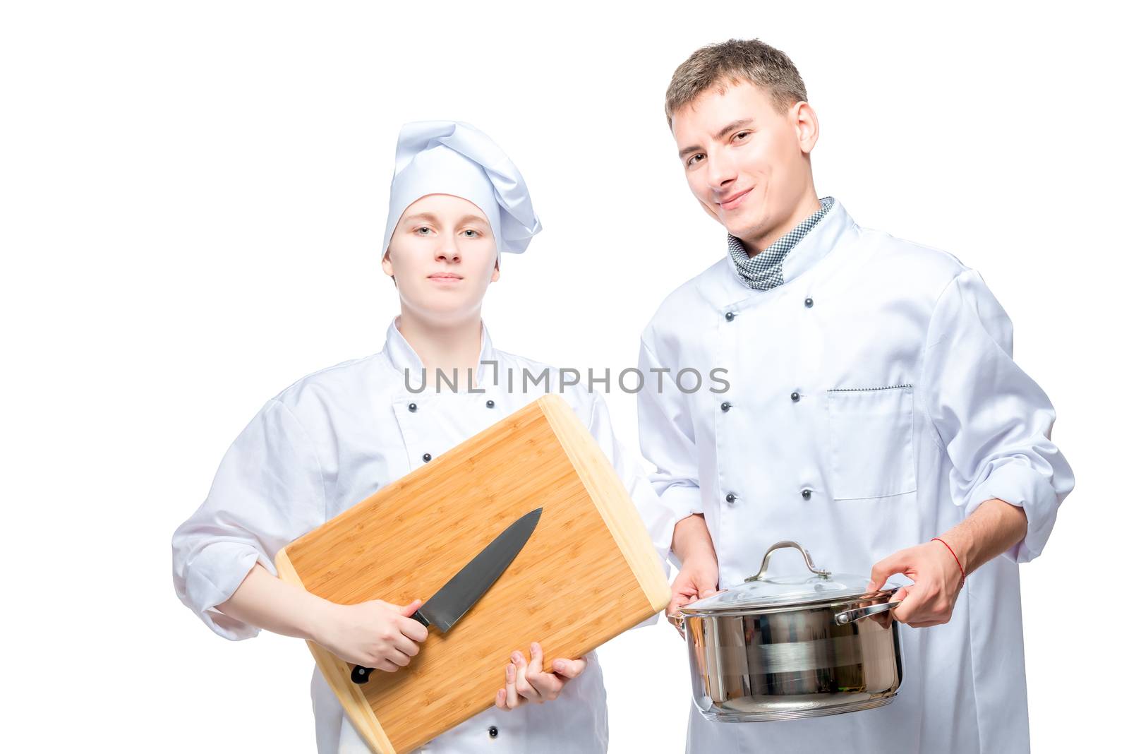 professional chefs with kitchen utensils on a white background