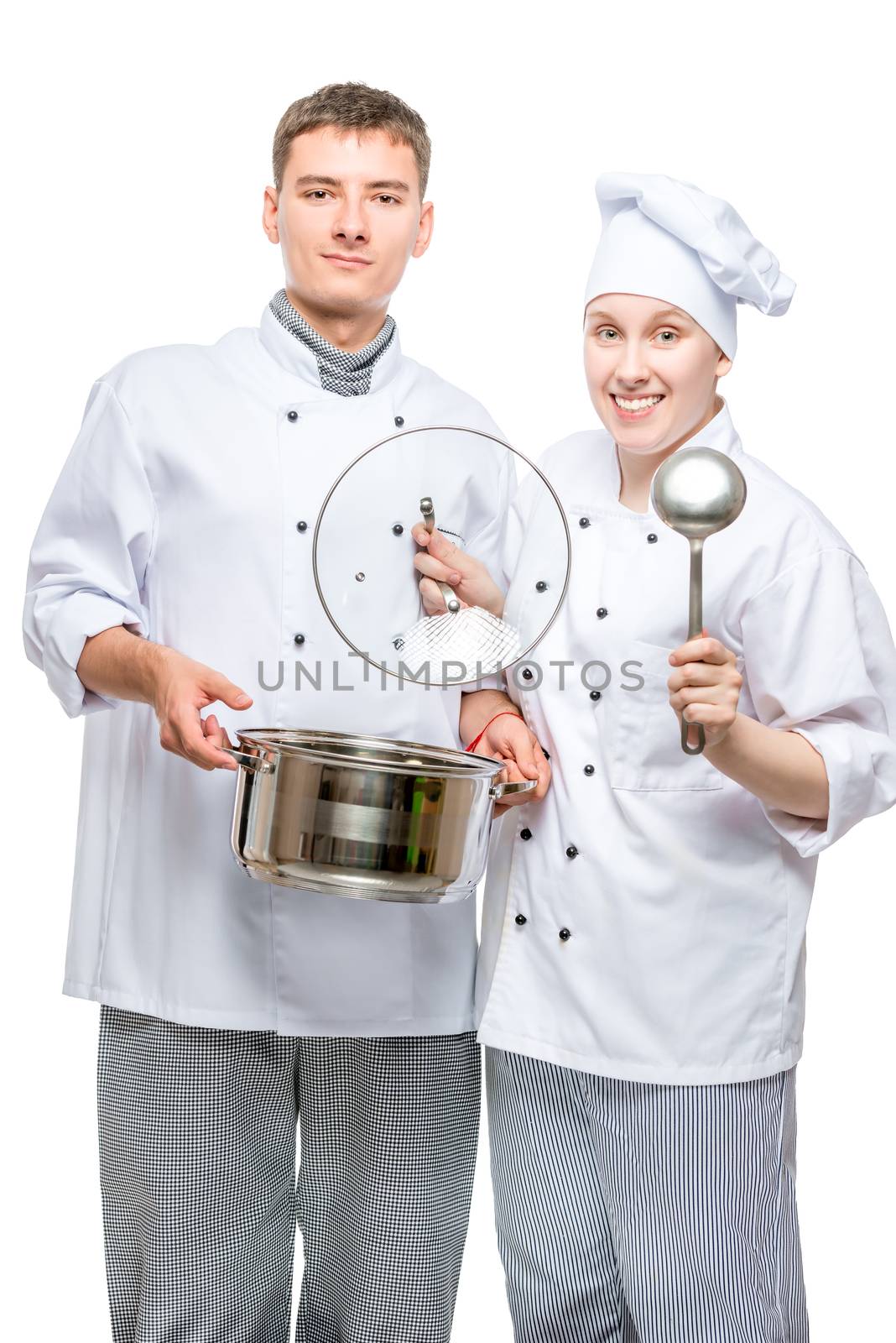 professional chefs with a pan and a ladle on a white background by kosmsos111