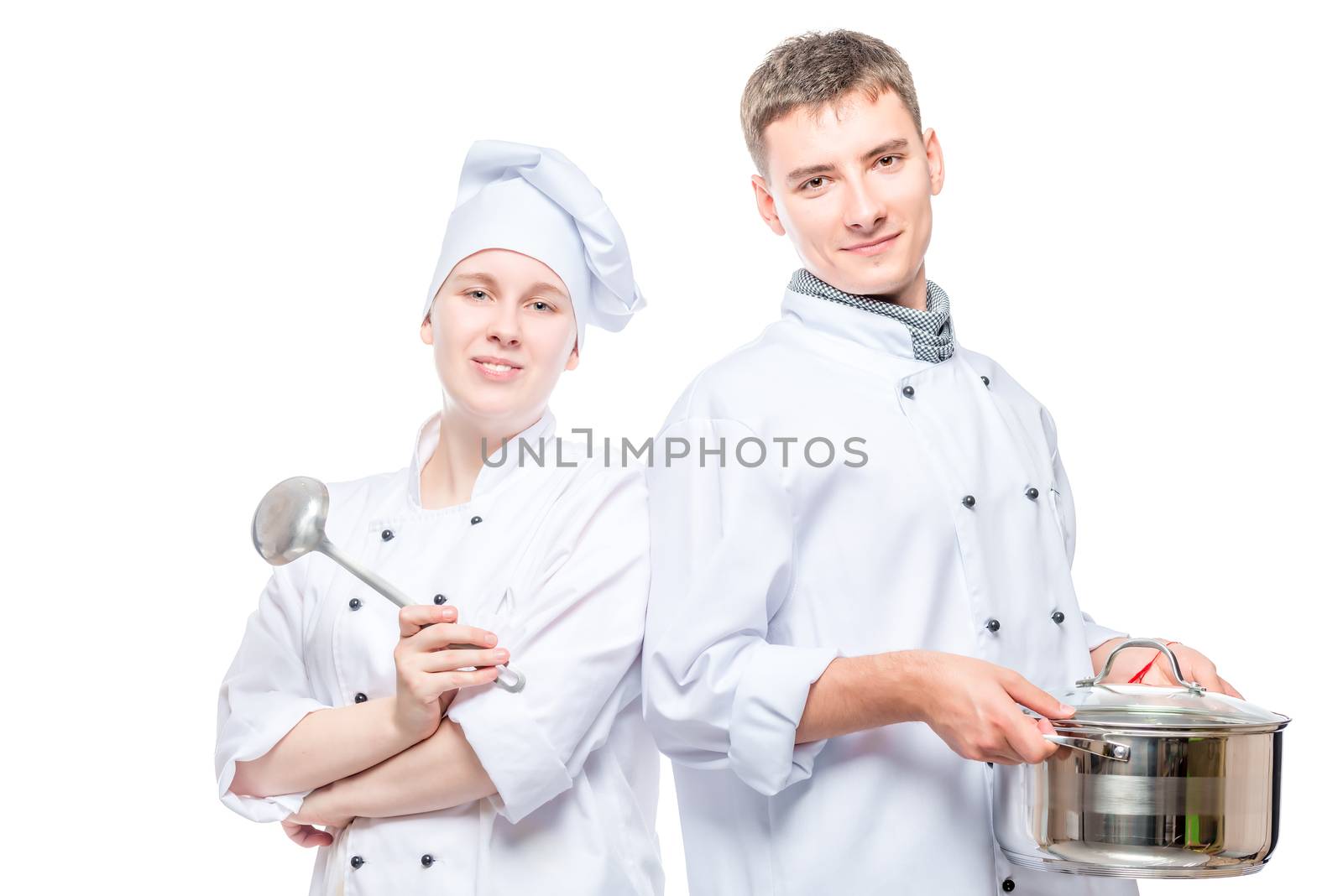 horizontal portrait of a pair of cooks with a pan and a ladle on by kosmsos111