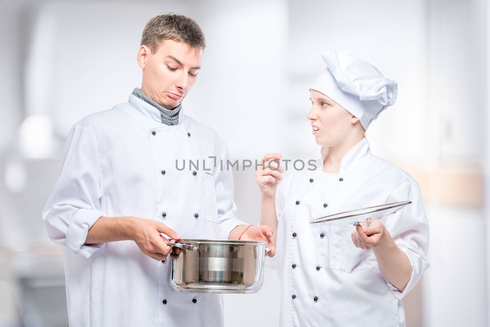 chefs emotions regarding foul soup in a pan, a portrait against by kosmsos111