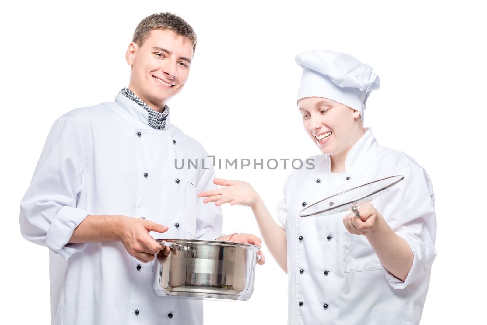 emotions of chefs portrait with a pan of soup on a white background