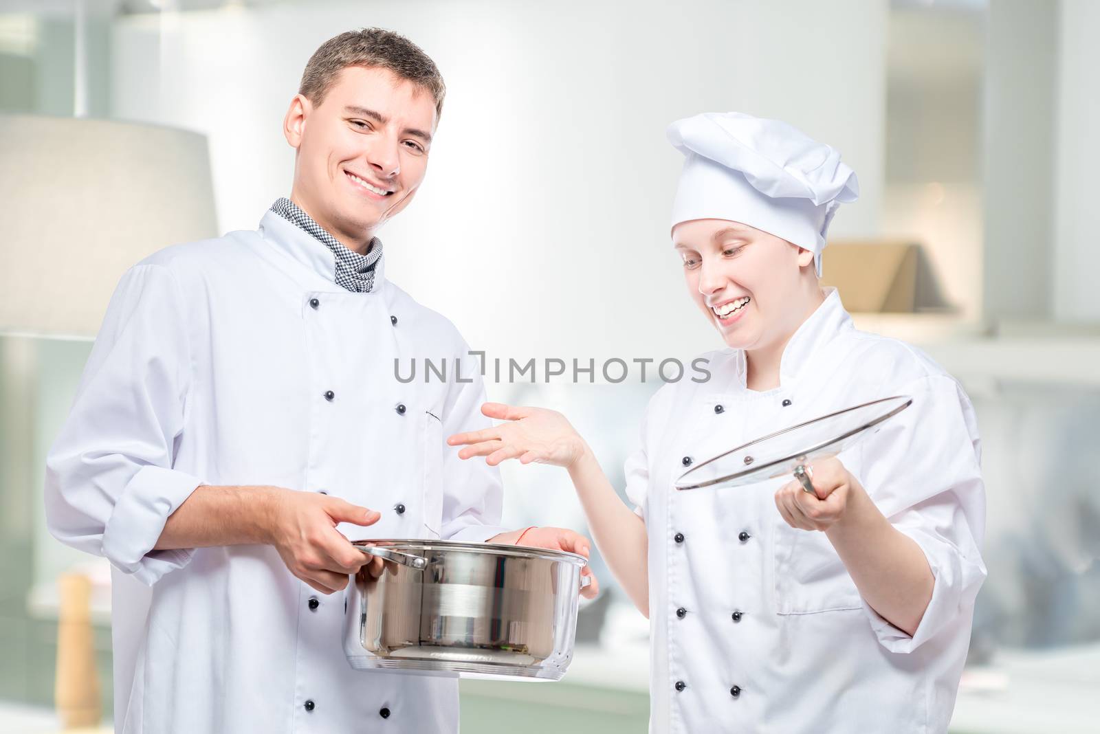emotions of cooks, portrait with soup pot on the background of a by kosmsos111