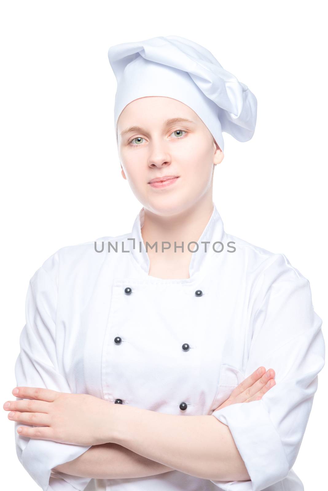 confident woman chef in uniform portrait isolated on white backg by kosmsos111