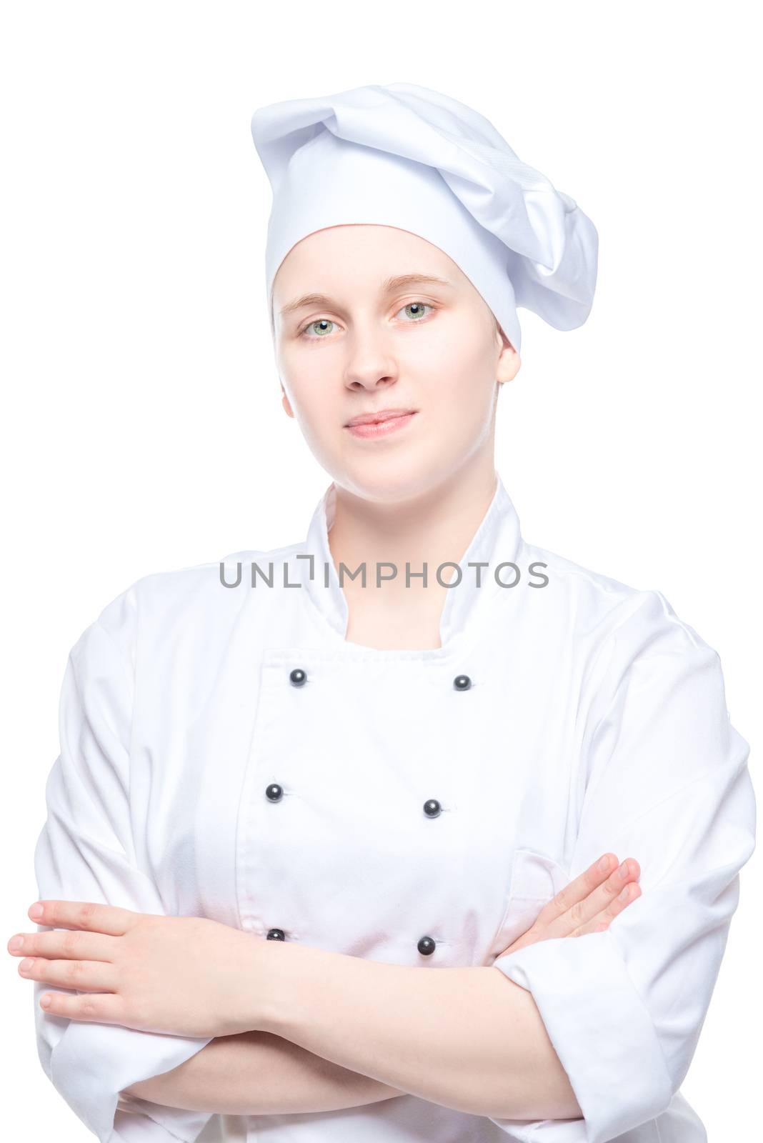 confident woman chef in uniform portrait isolated on white background