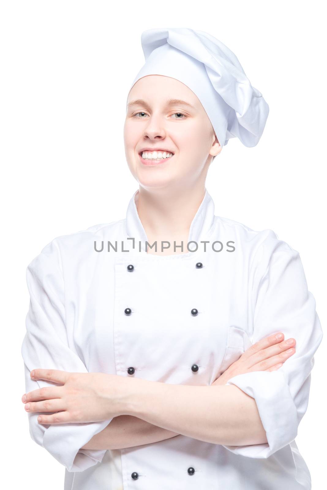 confident woman chef in uniform portrait isolated on white backg by kosmsos111