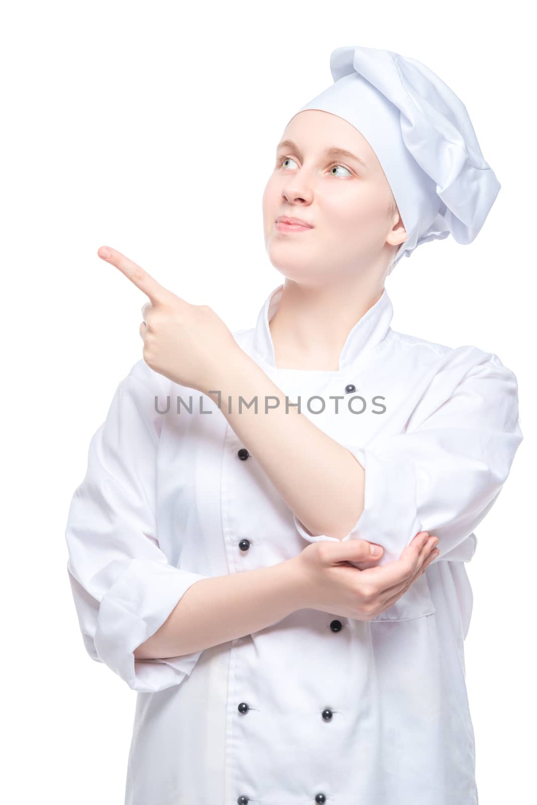 woman cook shows a finger on a white background