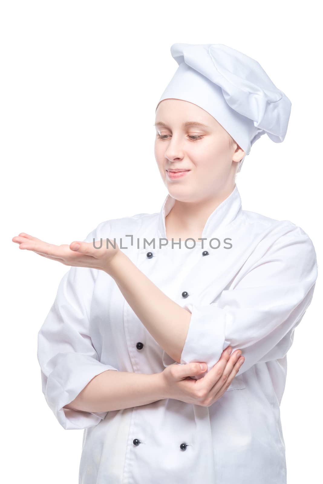 female cook looks at her empty palm, concept photo on white background portrait isolated