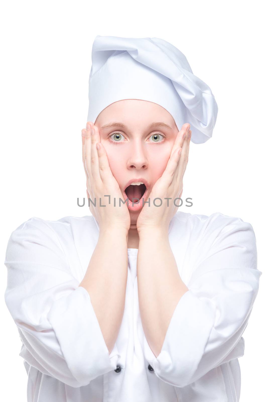 portrait of a shocked cook on white background isolated by kosmsos111