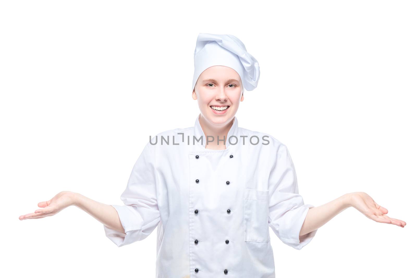 cheerful girl cook posing in studio on white background, portrait isolated