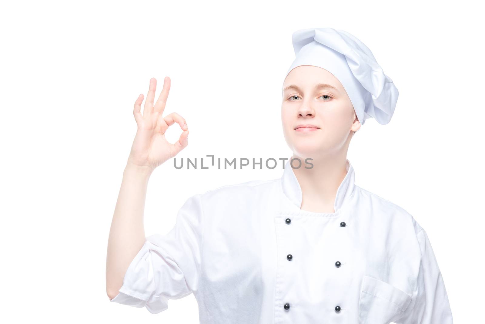 female chef showing hand gesture, satisfied portrait on white ba by kosmsos111