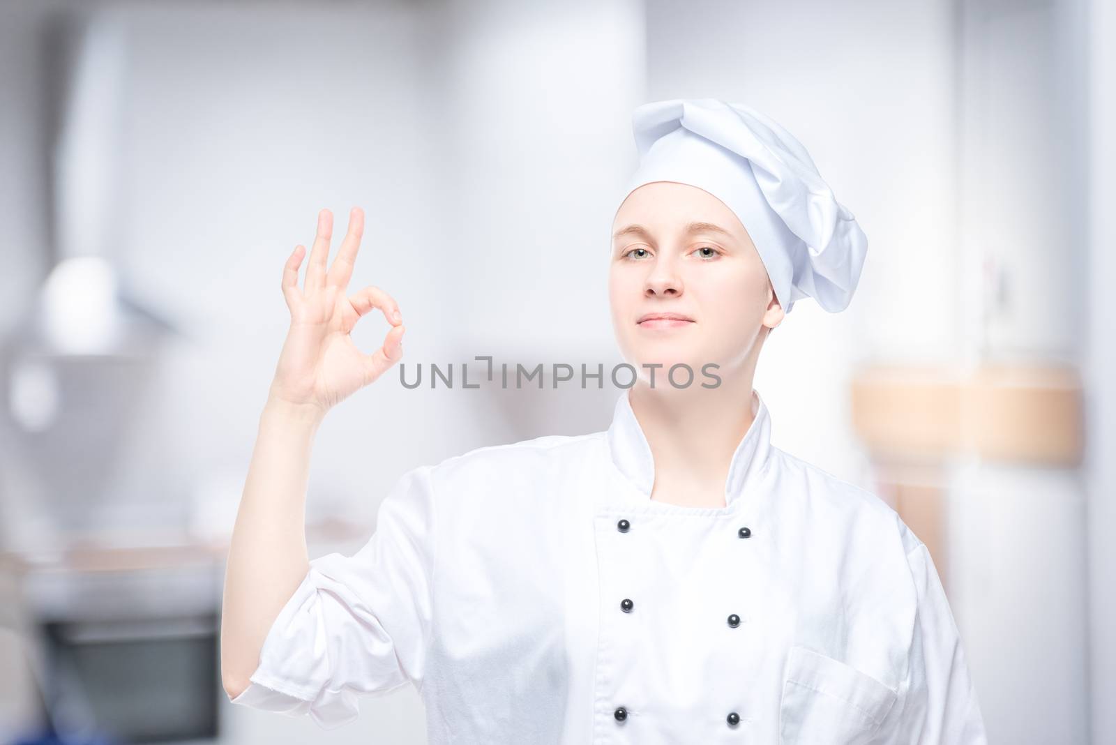 female chef showing hand gesture, satisfied portrait on the back by kosmsos111