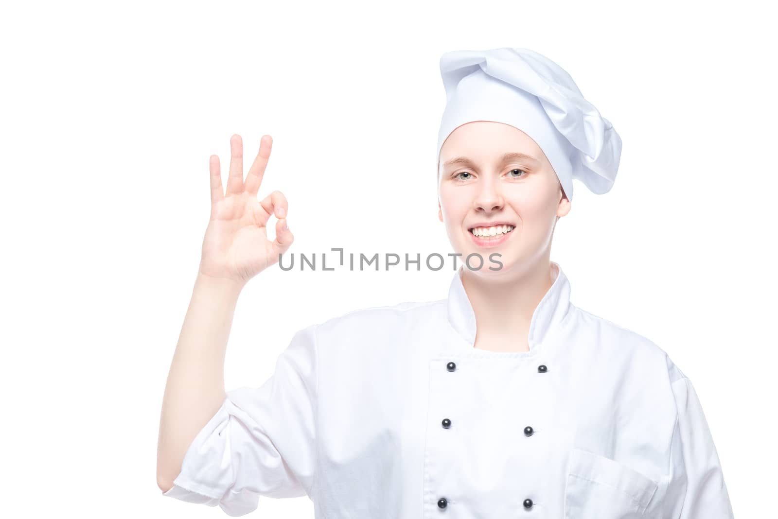 chef gesticulating on white background, all ok gesture in isolation