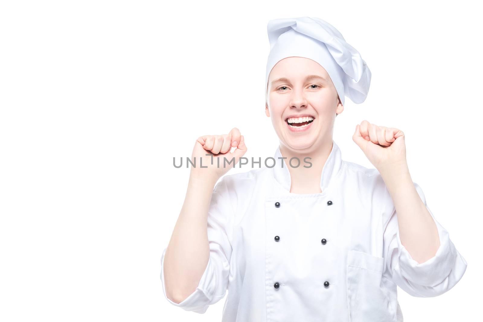 joyful chef in costume rejoices in victory, emotional portrait on white background