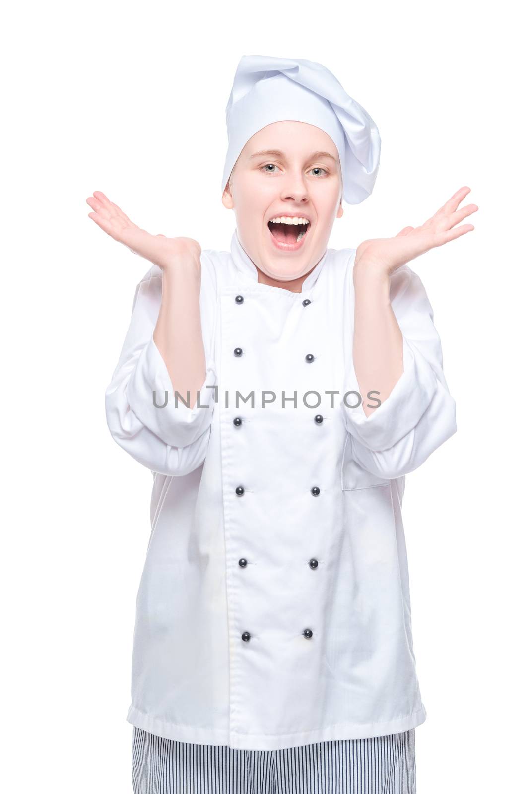 emotional chef in suit rejoices in victory, portrait on white ba by kosmsos111