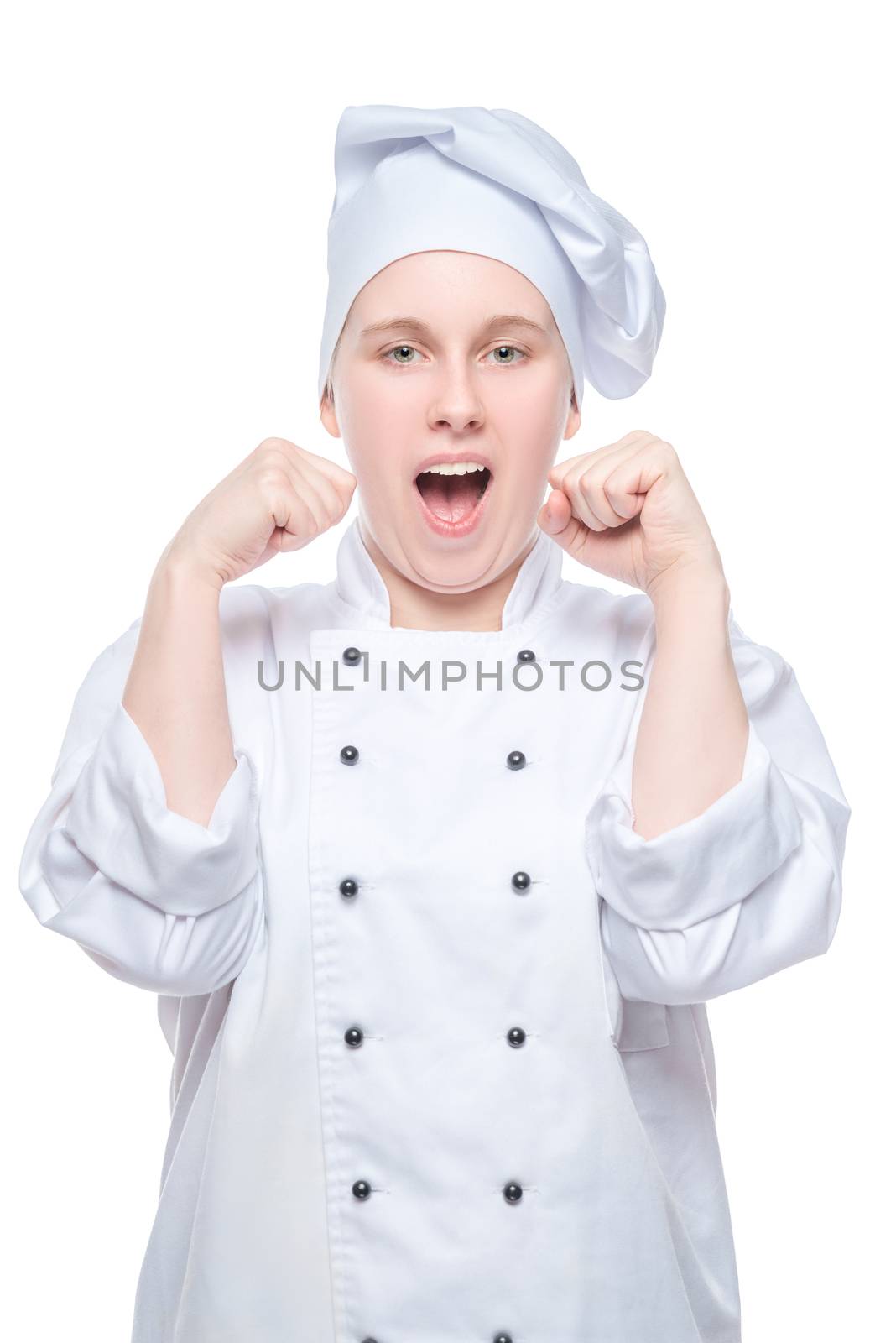 happy successful chef in suit rejoices in victory, portrait on white background