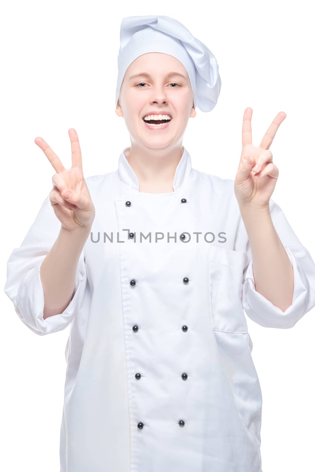 happy woman chef shooting on white background, gesturing with ha by kosmsos111