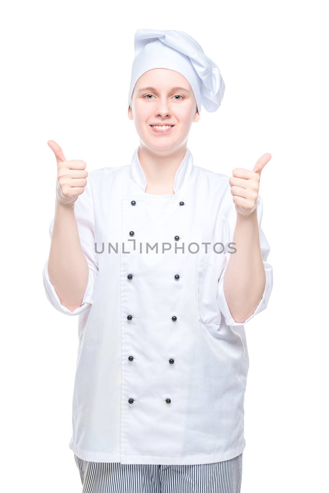 chef shows gesture class hands shooting on white background by kosmsos111