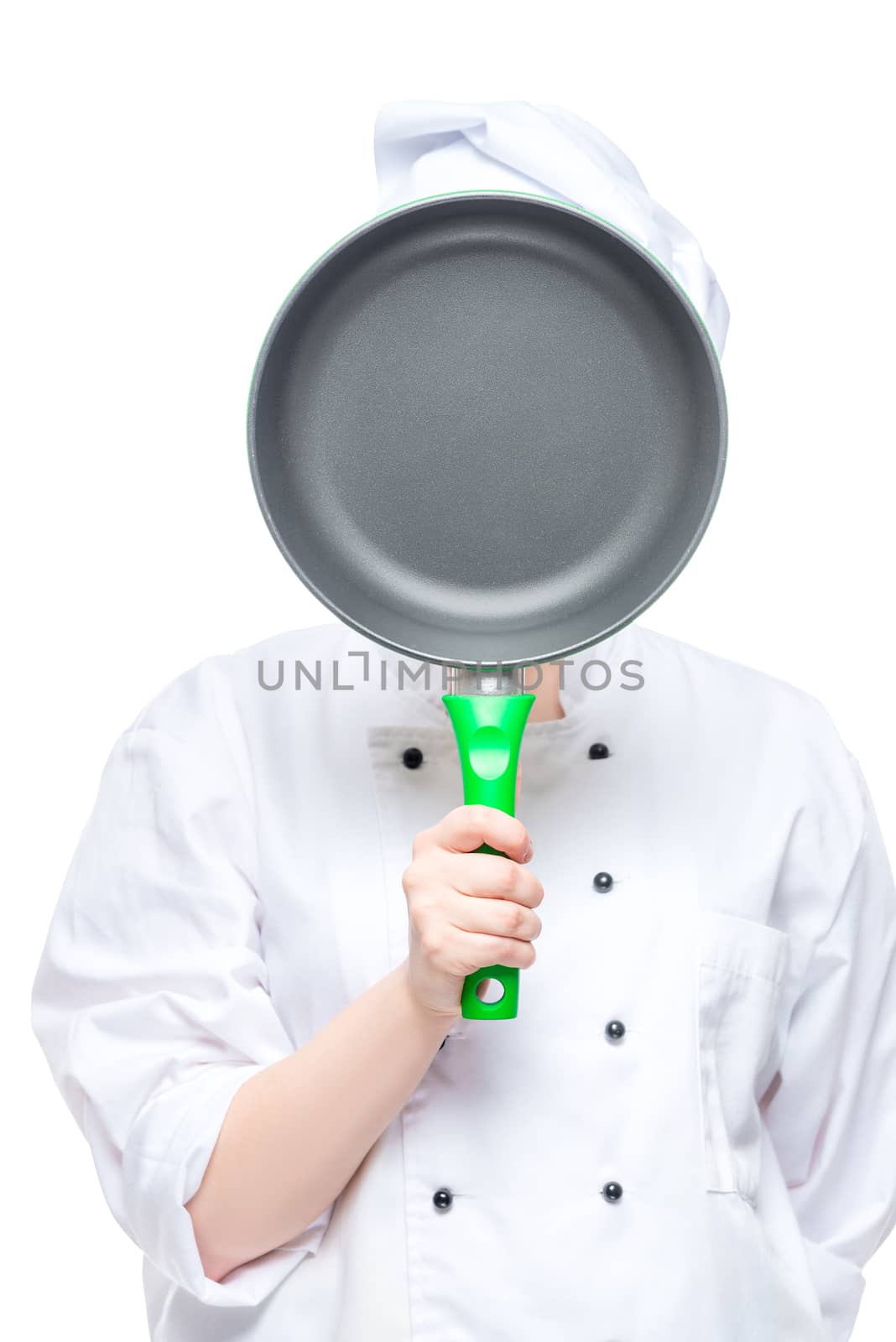 cook covers his face with a frying pan, studio shot on white bac by kosmsos111