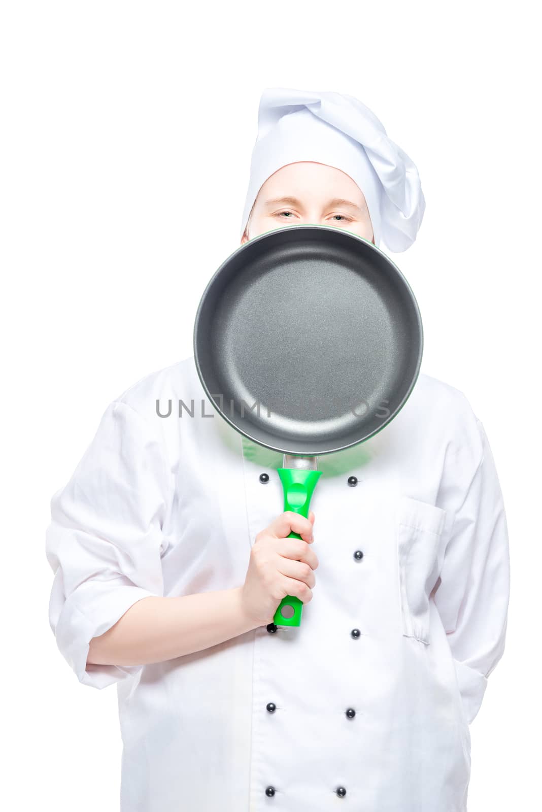 cook peeking from behind the frying pan, studio shot on white