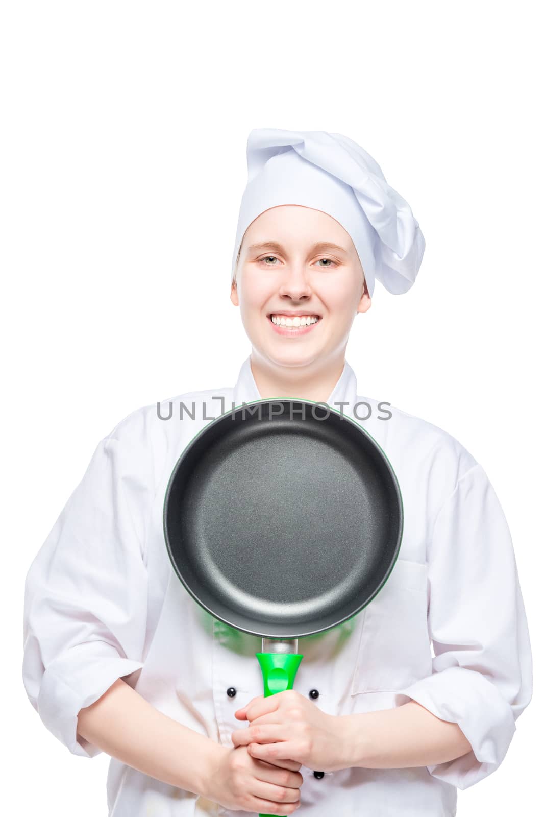 portrait of an isolated chef cook with a frying pan on a white b by kosmsos111